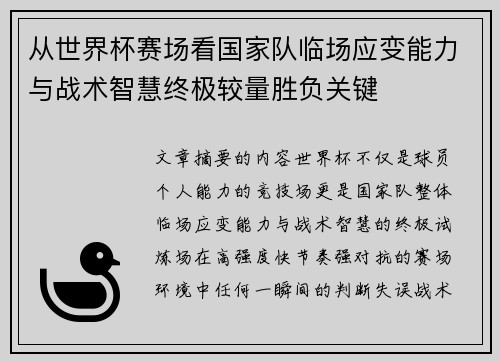 从世界杯赛场看国家队临场应变能力与战术智慧终极较量胜负关键