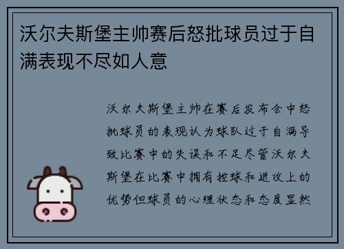 沃尔夫斯堡主帅赛后怒批球员过于自满表现不尽如人意 沃尔夫斯堡主帅赛后怒批球员过于自满表现不尽如人意